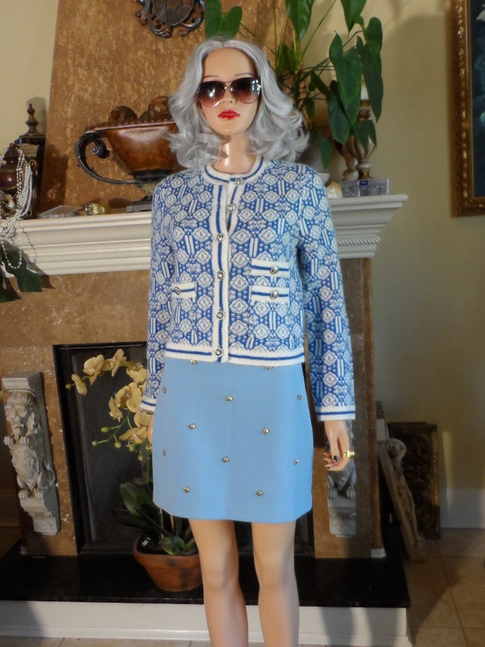New Maje Light Blue Knit Jacket & A-Line Skirt Set Size FR 1 / US 2